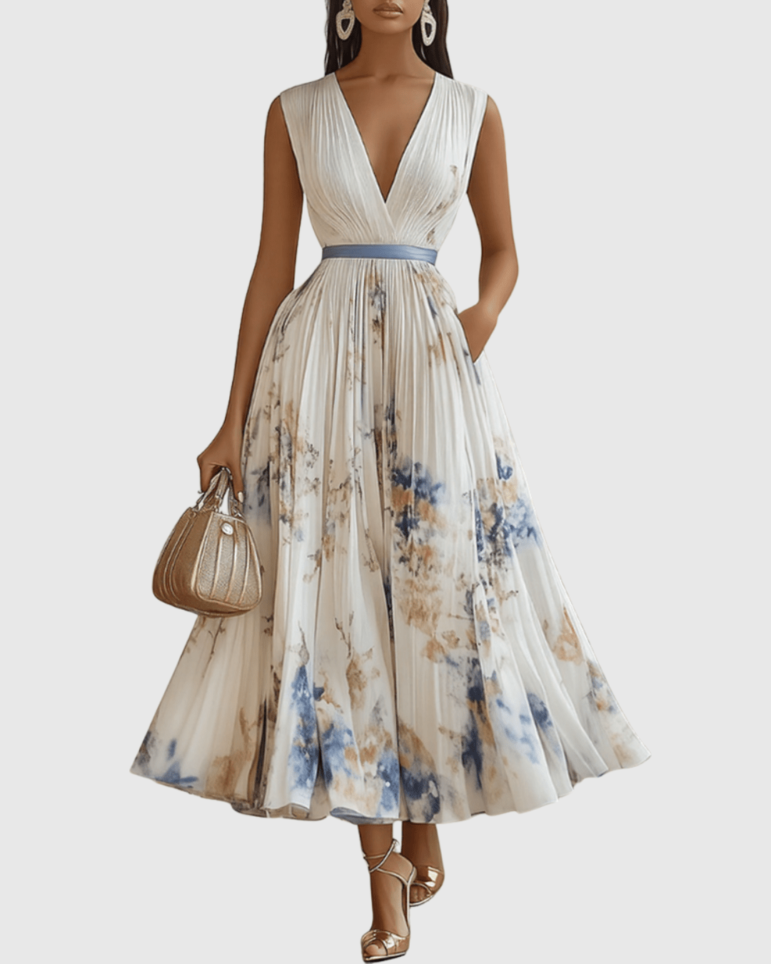 Elegant pleated maxi dress featuring a ribbon-tie waist and stylish V-neckline, perfect for formal occasions or casual outings, with long sleeves for a 0